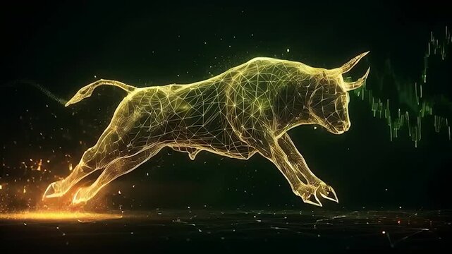 Digital Bull Market Symbol with Financial Graph. ideal for themes related to finance, investment, stocks, cryptocurrency, and economic growth.