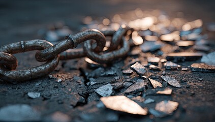 Rusty chain on fractured pavement