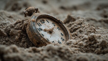 An antique pocket watch buried in sand