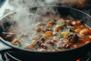 Cozy Stew Cooking in Black Pot with Steam Rising from Delicious Meal