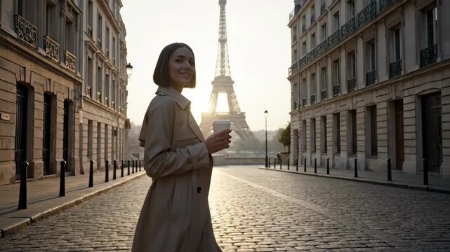 Elegant woman enjoying a morning coffee stroll in Paris with the iconic Eiffel Tower bathed in golden sunlight, capturing a moment of sophisticated urban exploration.