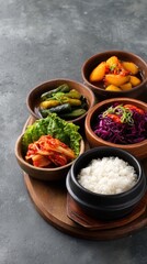 Assorted traditional Korean side dishes in small ceramic bowls with rice on a dark textured background for authentic Korean cuisine presentation
