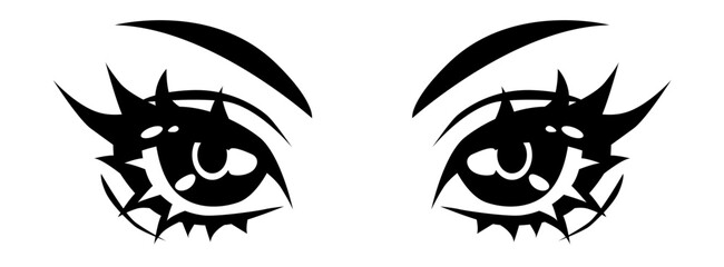 Naklejka premium Minimalistic manga style illustration features two expressive, detailed black anime eyes with dramatic lashes and brows. Theme is Japanese comics. Colors: black and white.