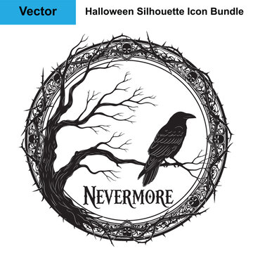 Gothic Raven on Branch in Thorny Frame Nevermore Emblem