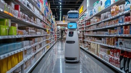 Robot Assistant in Grocery Store Aisle with Product Shelves Nearby