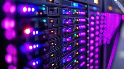 Naklejka premium Server racks with blinking lights in a data center illuminated with purple light.