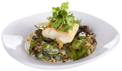 Cod Fish Fillets With Rice and Peas, isolated on white background