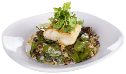 Cod Fish Fillets With Rice and Peas, isolated on white background