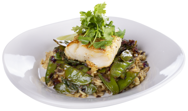 Cod Fish Fillets With Rice and Peas, isolated on white background