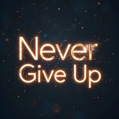 Modern neon typography design with the quote 'Never Give Up', glowing letters on dark background, futuristic timeless style, 1:1 square ratio.
