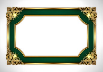 Elegant emerald green frame with golden accents, shiny metallic borders, sparkling glowing effects, premium luxury design with clean white center.