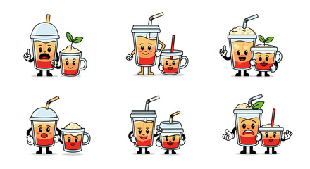 Fototapeta premium A playful collection of tea drink mascots in modern minimalist style, featuring sharp lines, vibrant CMYK colors, and clean designs, perfect for creative projects.