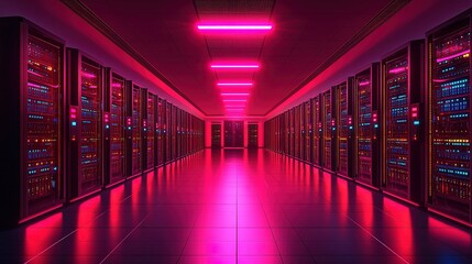 Server room with rows of servers illuminated with pink and red neon lights.