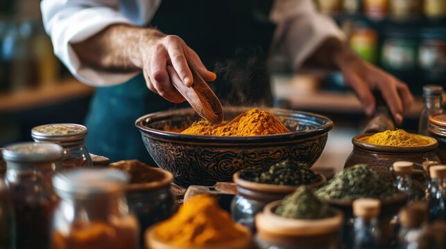 Hands Mixing Different Spices in Rustic Kitchen with Vibrant Colors