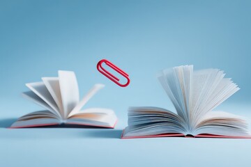 Open Books With Flying Paperclip On Pastel Blue Background