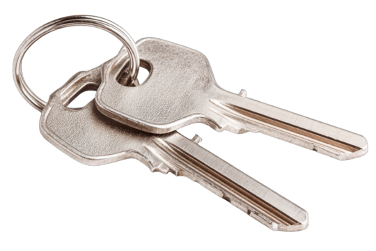 Two metal house keys,  paired,  on a metal key ring,  close-up,  isolated