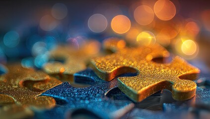 Golden and blue puzzle pieces in focus