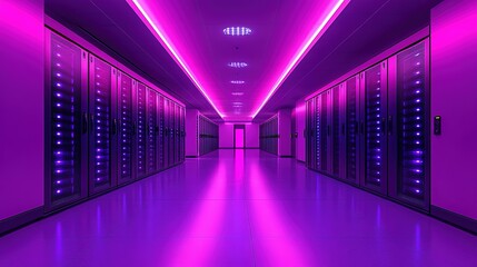 Fototapeta premium A server room hallway with rows of servers illuminated by purple neon lights.