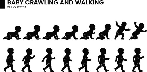 Baby crawling and walking silhouettes, infant development stages, child growth progression, vector illustration, baby milestones, movement evolution, educational concept