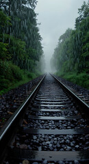 Fototapeta premium Moody railway scene with reflective rails, rain-soaked gravel, and rising mist — a high-contrast, dramatic atmosphere perfect for stock photography