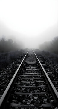 Fine art black-and-white photo of railway tracks vanishing into fog &mdash; minimalist, abstract, and timeless with striking contrast and textured detail
