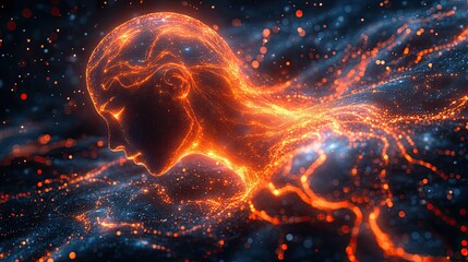 Abstract rendering of a glowing human head with flowing particles and energy