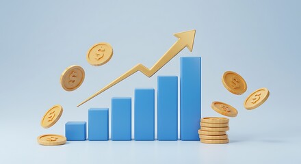 Financial growth chart with rising arrow and flying coins