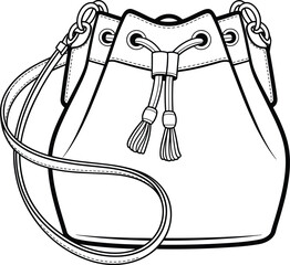 Drawstring handbag with tassel detail, metal eyelets and long strap, fashion flat sketch, cad drawing, accessory vector illustration, bag design template
