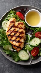 Fresh grilled chicken breast with colorful mixed greens cherry tomatoes cucumber slices and dressing on a round white plate for healthy meal presentation