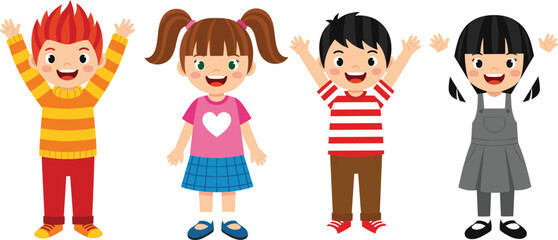 Cartoon children characters, raised hands, happy kids, colorful outfits, playful illustration, diverse group, smiling faces, educational design, fun concept, vibrant scene