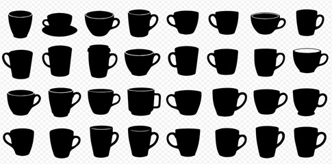 A diverse collection of black silhouette icons featuring various shapes of coffee mugs and teacups arranged in a grid.