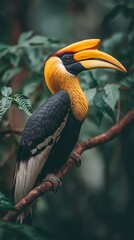Great hornbill bird vibrant yellow beak in dense forest exotic wildlife mobile wallpaper and tropical nature background