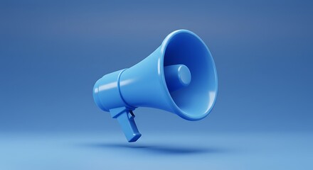 Bright blue megaphone floating against a solid blue background
