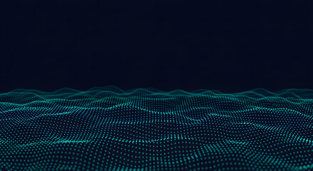 Abstract digital landscape, crafted from miniature turquoise dots that gently undulate against a deep navy background, creating a mesmerizing techno wave pattern perfect for modern technology and