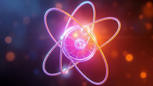 Glowing blue and purple atom model with orbiting electrons, abstract science background, energetic and futuristic technology. 4k video