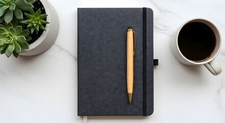 A serene flat lay composition featuring a minimalist dark gray notebook adorned with a sleek wooden pen, accompanied by a refreshing cup of dark coffee and a vibrant succulent plant on a light