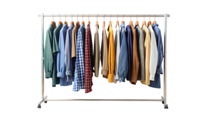 Assortment of men's shirts hanging on a rack clothing fashion isolated on a transparent background