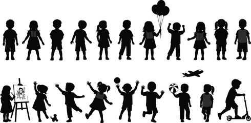 Children silhouette playing, drawing, riding scooter, flying airplane, holding balloons, joyful activity, creative fun, diverse childhood, outdoor play, happy moments