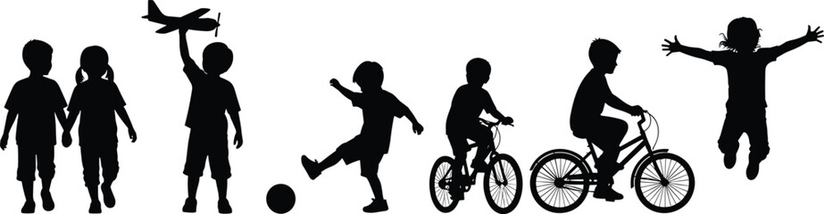Obraz premium Children silhouettes playing, riding bikes, flying toy planes, jumping, walking together, joyful outdoor activity, sunset background, fun, freedom, happiness