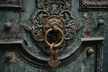 Antique door knocker on weathered teal wood
