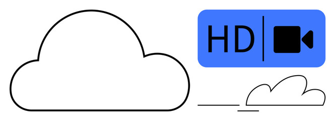 Cloud outline paired with HD video icon, emphasizing video streaming, data storage, connectivity, and technology. Ideal for cloud services, media sharing, online storage, video quality tech