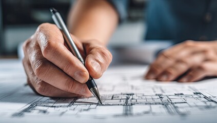 Close-up of a hand drawing on architectural plans