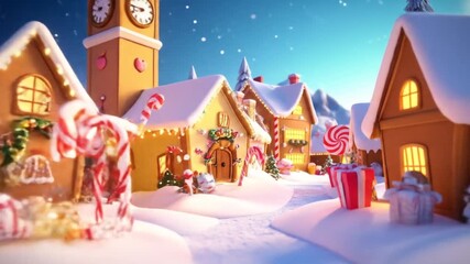 Whimsical gingerbread village under a snowy sky, complete with clock tower, candy canes, and festive decorations - Powered by Adobe