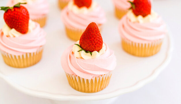Pink frosted cupcakes with a whole fresh strawberry. AI
