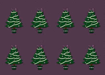 Festive purple background with repeating golden Christmas trees made of stars, creating a magical holiday pattern perfect for wrapping paper, cards, or seasonal decor.