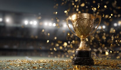 Golden trophy in stadium, confetti shower