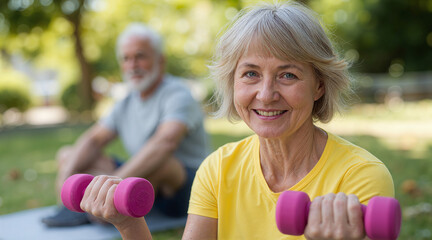 Mature woman exercising with dumbbells in a park setting, her partner joining behind for a shared outdoor fitness session.