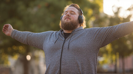 Obraz premium A man enjoying peaceful time listening to music. Wearing headphones, dressed in gray activewear, outside in the park, with arms wide open