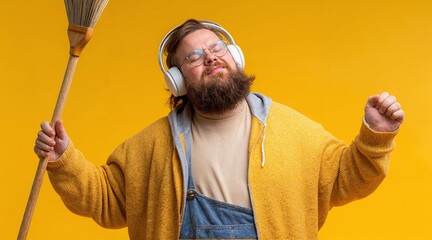 Carefree cleaner enjoys music while sweeping in overalls and headphones on a bright yellow background. A joyful cleaning experience.