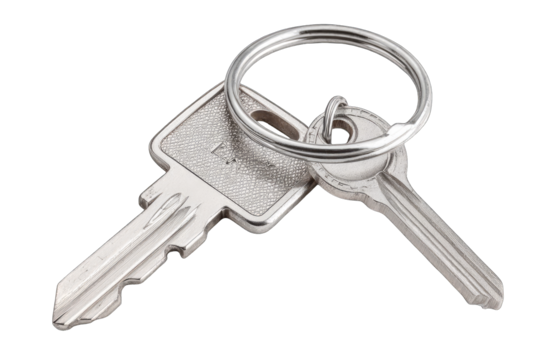 Close-up of two metal house keys attached to a key ring